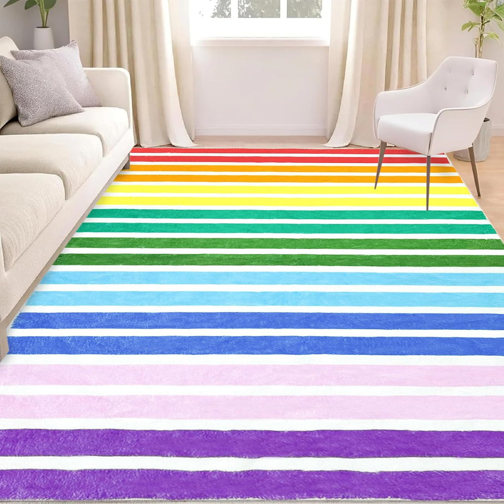 Rainbow Area Rugs Little Striped Rainbow Rug Soft Non-Slip Machine Washable Carpets Bedroom Classroom Dining