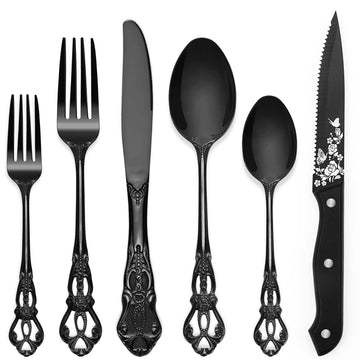 Black Silverware Set For 8, 48 PCS Retro Royal Silverware Flatware Set with Black Spoons Forks Knives Set, Mirror