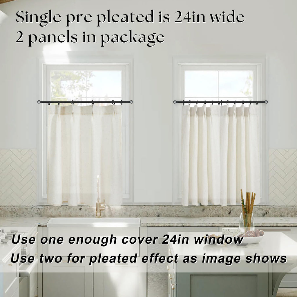 Pinch Pleat Cafe Curtains 24 Inch Length Window Over Sink, Cream Linen Light Filtering Sheer Farmhouse Style Mini