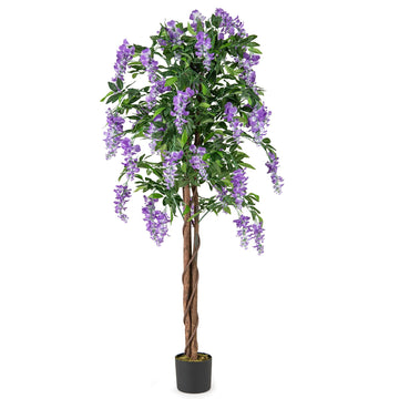 5.5FT Fake Wisteria Plant, Tall Artificial Tree Pot with Purple Flowers, Solid Wood Trunk, Realistic Moss, Potted