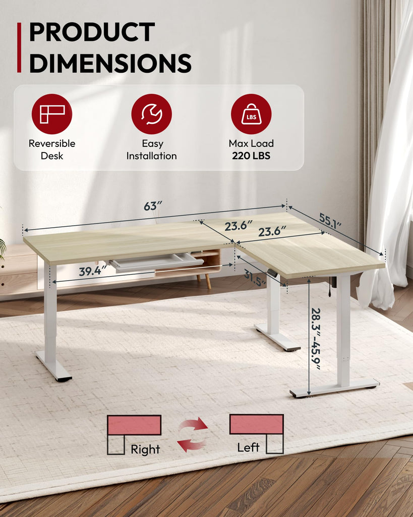 Electric L-Shaped Corner Standing Desk with Drawer, 63x55