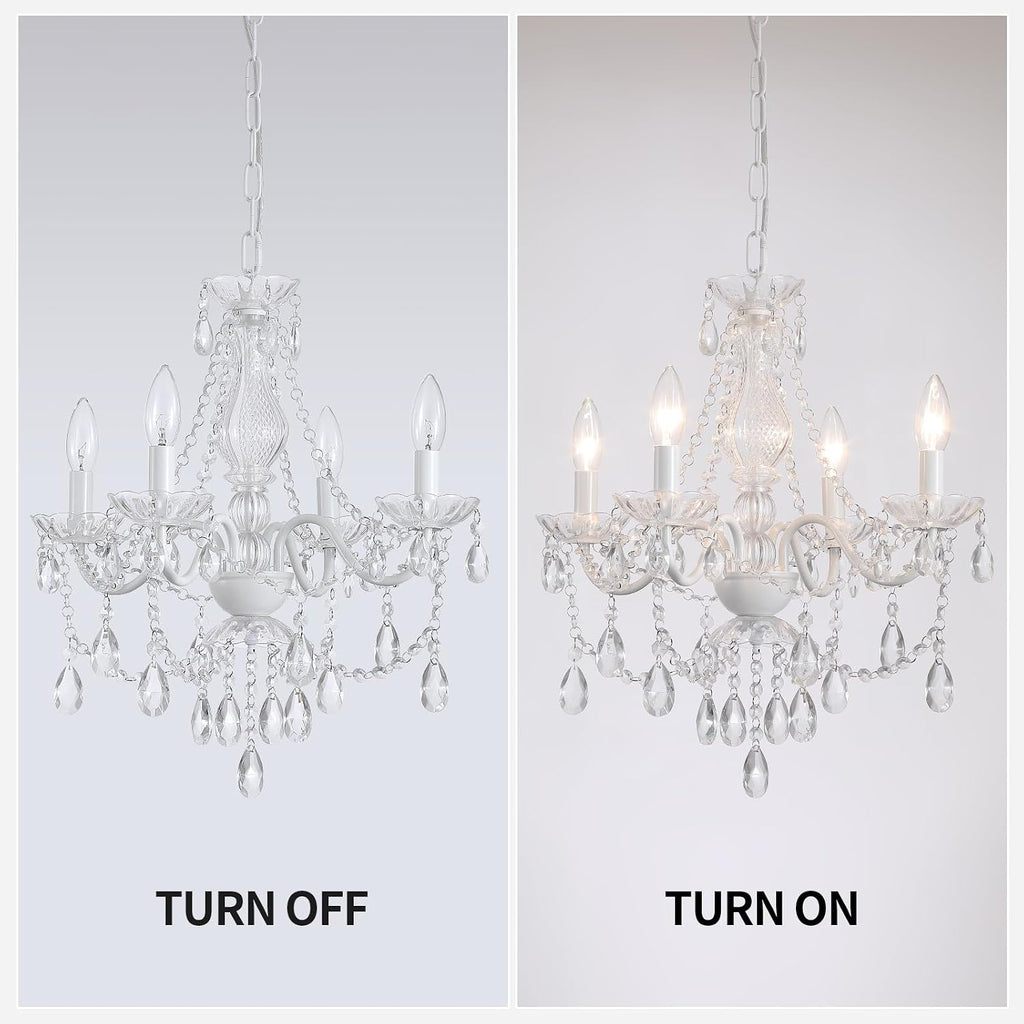 Plug-in White Crystal Chandelier, 4-Light Ceramic & Crystal Hanging Pendant Light with Clear Cord and On/Off Switch