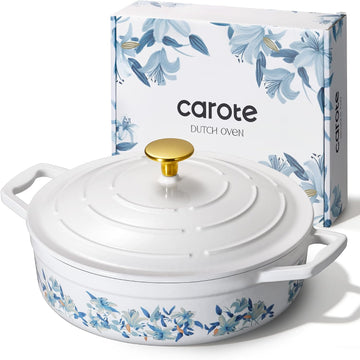 3.5QT Enameled Cast Iron Braiser Pan, Shallow Floral Dutch Oven Casserole Skillets, Non-Toxic Cast Iron Pot with Lid