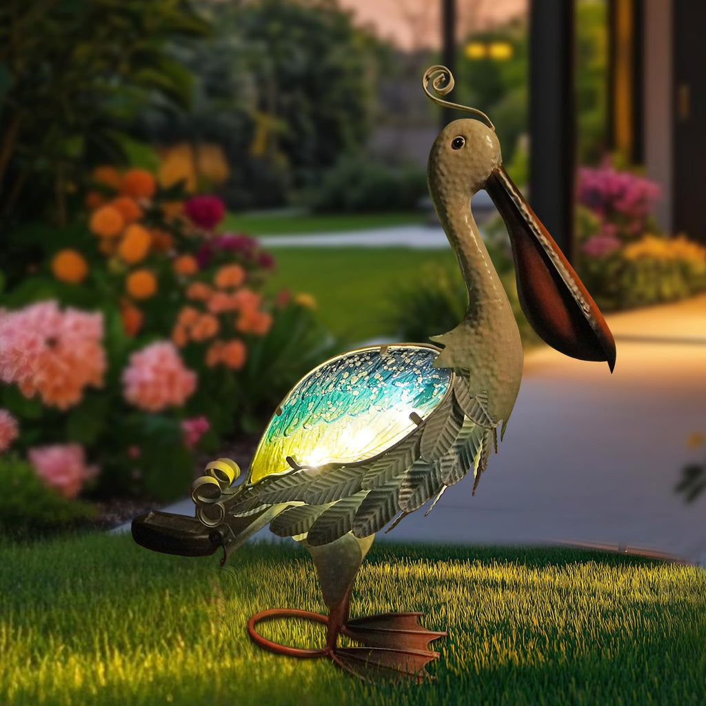 Solar Metal Pelican Statues Garden Sculpture & Statues, 19 Inch Glass Outdoor Pelican Yard Art Coastal Ocean Bird