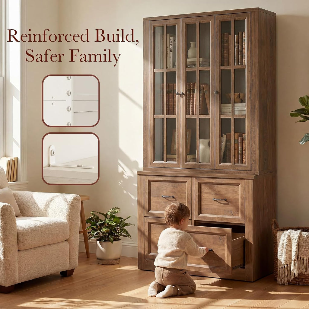 80" Tall Storage Cabinet with Glass Doors, 2-in-1 Modular Bookcase Cabinet, Freestanding Kitchen Pantry Storage
