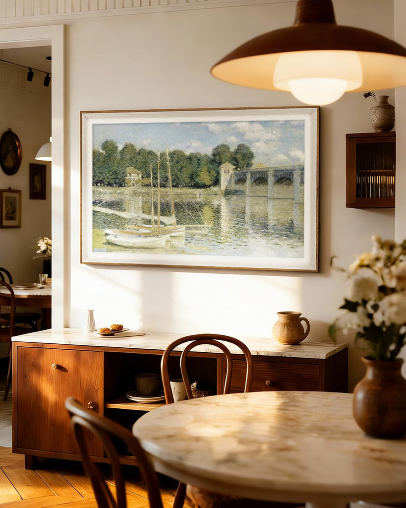 Vintage Canvas Wall Art Framed, Nature Landscape Claude Monet Impressionist Painting Artwork The Seine Basin At