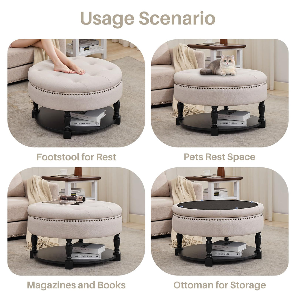 Round Storage Ottoman Coffee Table with Shelf, Tufted Fabric, Beige