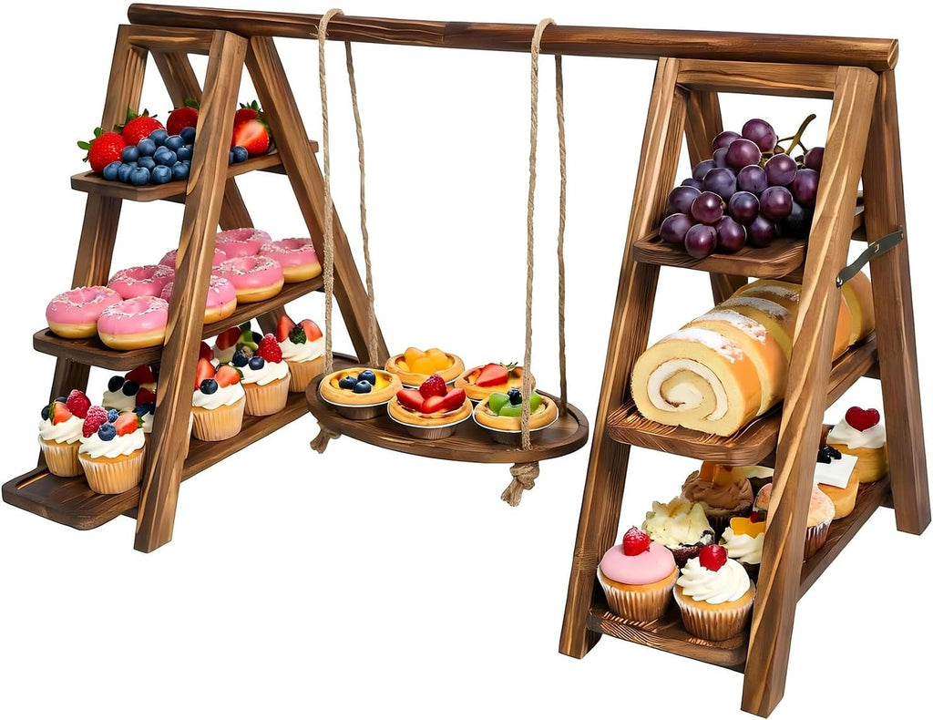 3 Tier Cupcake Stand with Swing, Wooden Cupcake Stand, Swing Cupcake Stand with Removable Serving Platter and