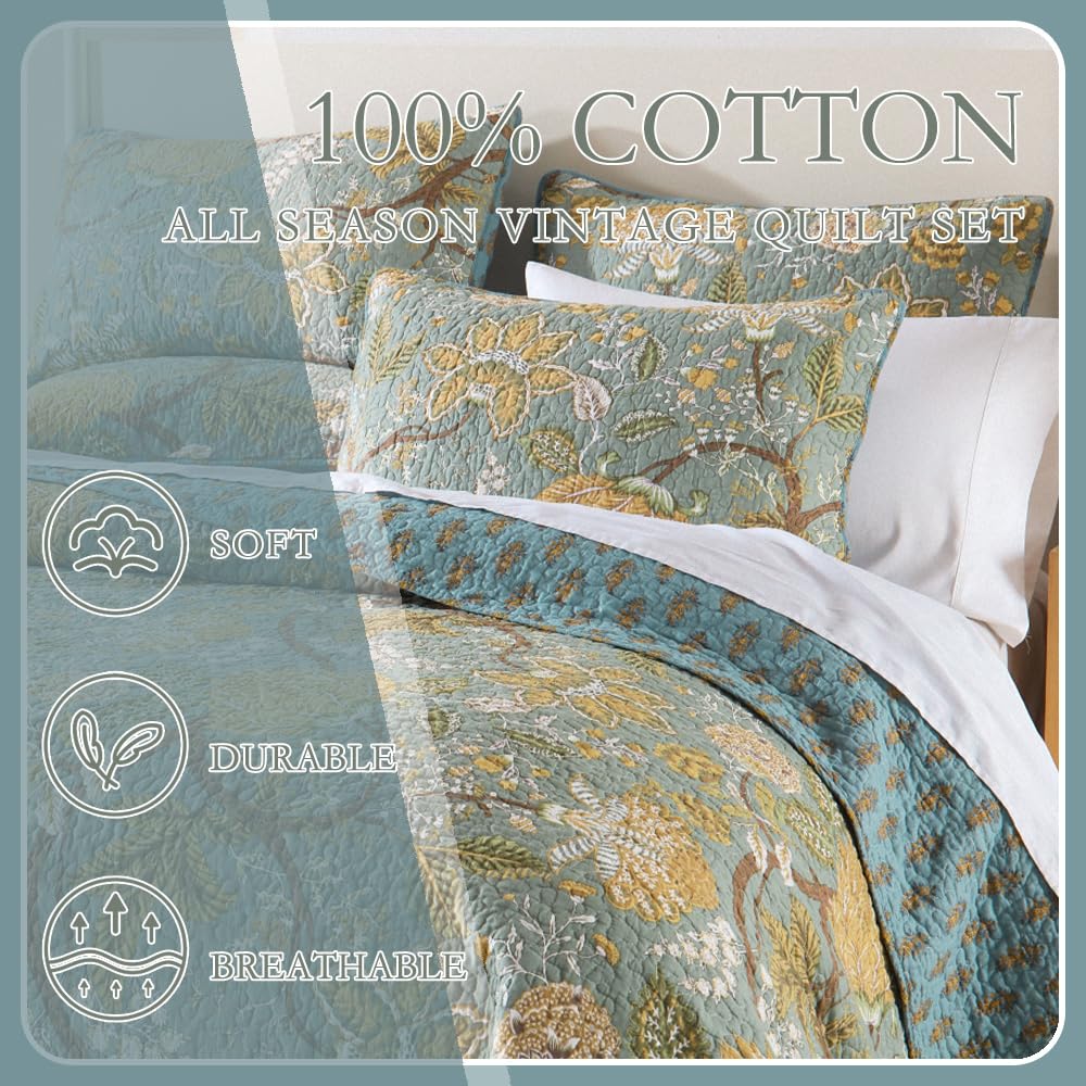Cotton Bedspread Quilt, Soft Reversible Coverlet Lightweight Comforters, Vintage Floral Rustic Patchwork