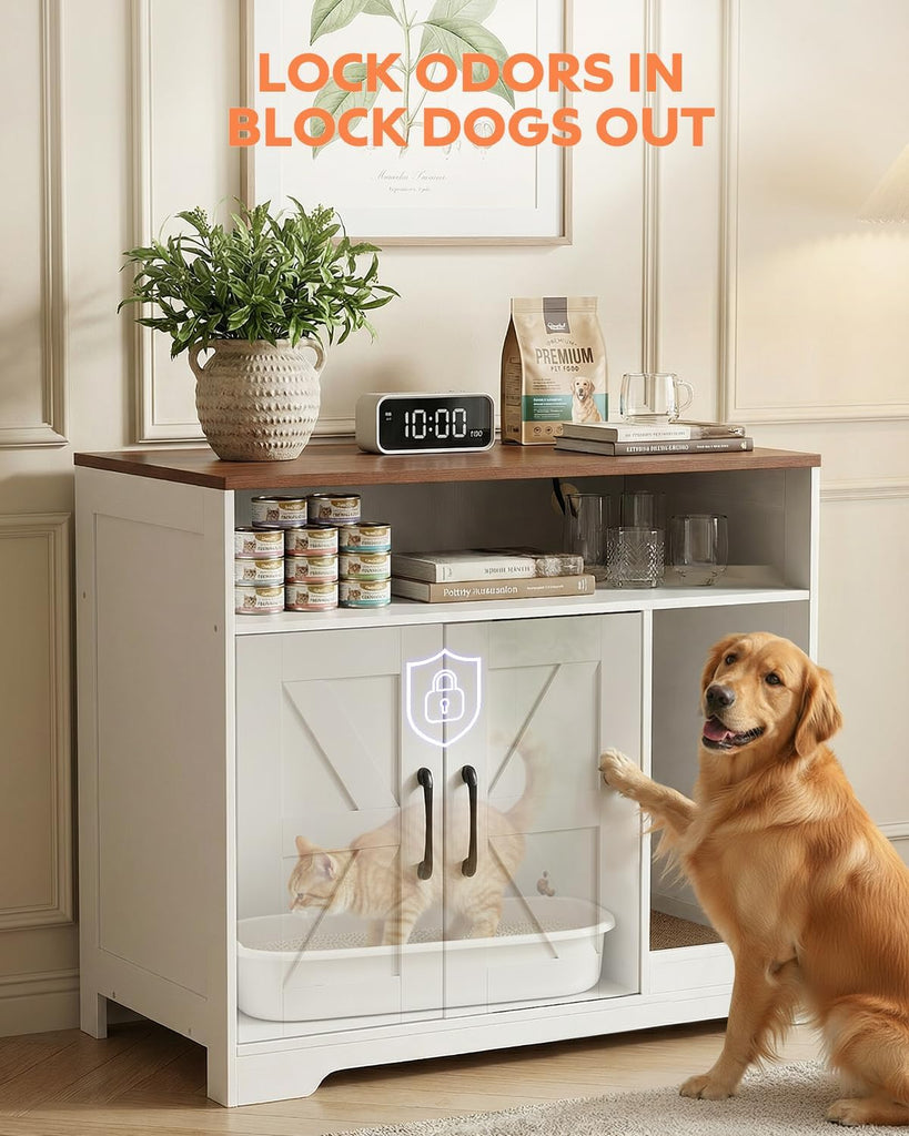 Cat Litter Box Enclosure Furniture with 2-Tier Storage, Hidden Cat Litter Box Cabinet with Scratch Pad & Charging
