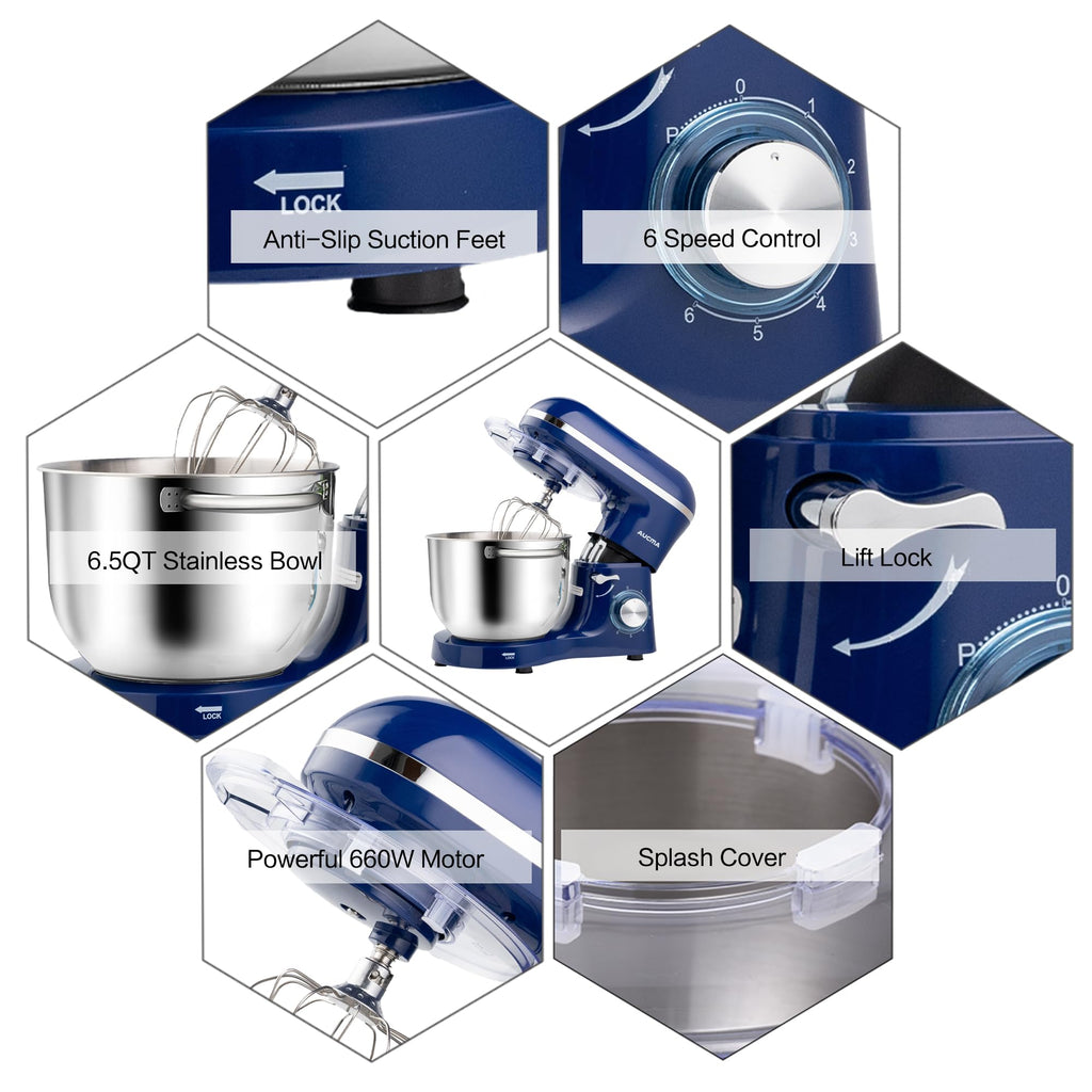 Stand Mixer,6.5-QT 660W 6-Speed Tilt-Head Food Mixer, Kitchen Electric Mixer with Dough Hook, Wire Whip & Beater