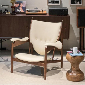 Inspired Chieftain Style Lounge Chair — Ivory White Top-Grain Leather, Walnut Frame