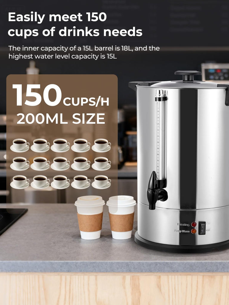Coffee Urn 150 Cups Commercial, 15L Electric Beverage Dispenser