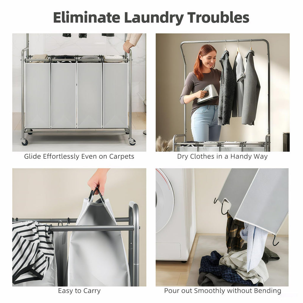 Laundry Hamper Sorter Cart, 4 Section Organizer with Hanging Bar