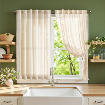 Sage Floral Linen Curtains 63" Back Tab 2 Panels