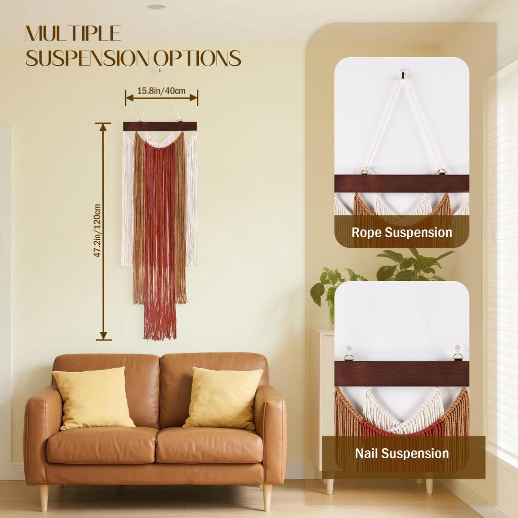 Macrame Wall Hanging 2pcs Boho Wall Tapestry, Woven Wall Art Bedroom Bohemian Home Decor 47.2" L x 15.7" W (Deep Red)