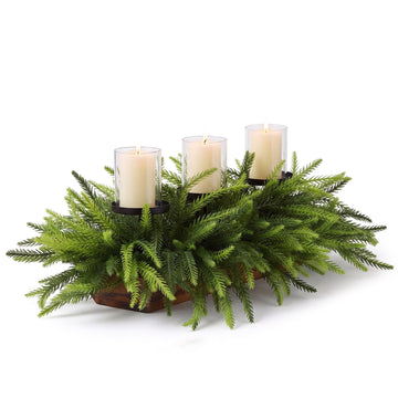 3 Pillar Norfolk Pine Stems Christmas Candle Holder Centerpiece