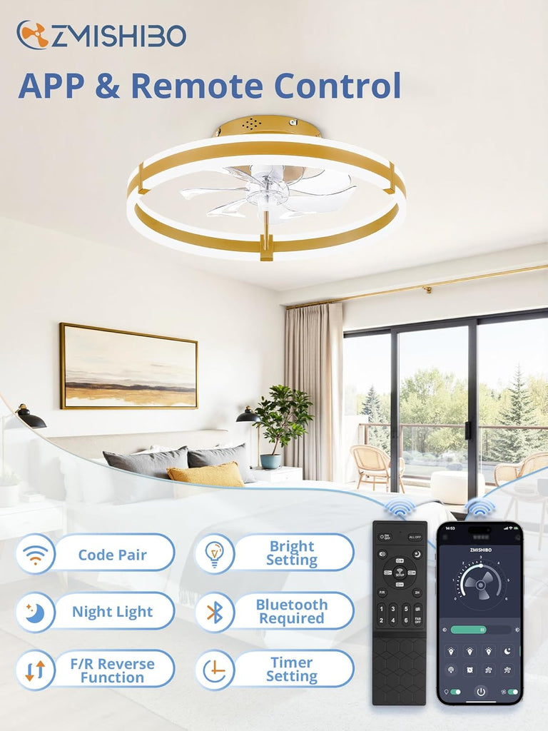 Ceiling Fans with Lights and Remote, 19.7'' Low Profile Ceiling Fan, 3000-6000K Dimmable Modern Flush Mount LED Fan Light, 6 Wind Speeds, Gold Fandelier Ceiling Fans for Bedroom A101-B0F1CCMY9D