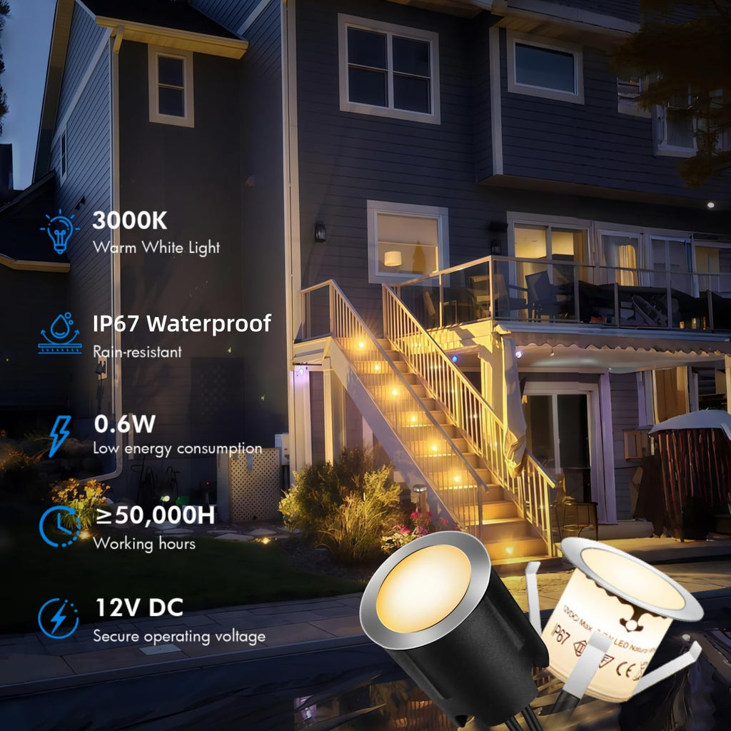 16 Pack LED Recessed Deck Lights with Protecting Shell, IP68 Waterproof Warm White, 0.6W, Outdoor Landscape