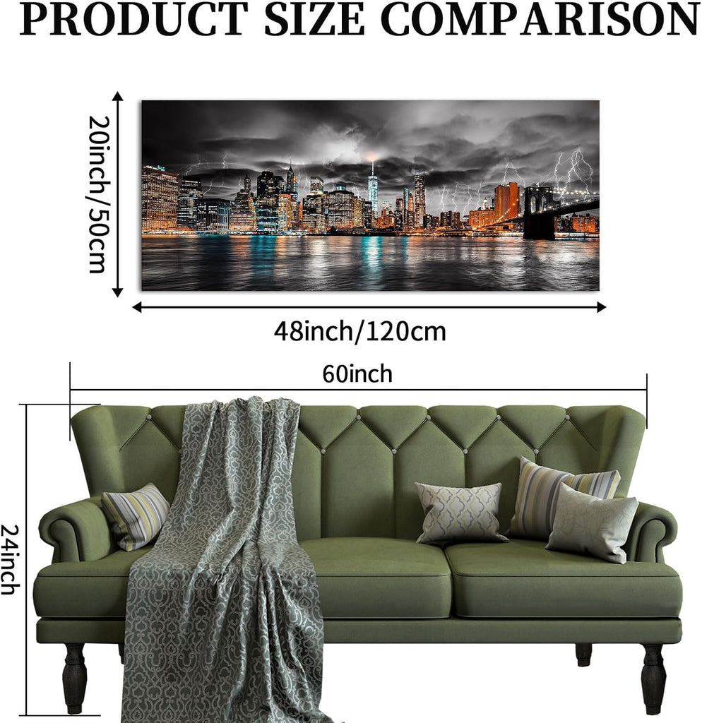 New York City Canvas Wall Art Manhattan Skyline Lightning Storm Cityscape Picture Prints Night Landscape Modern Large