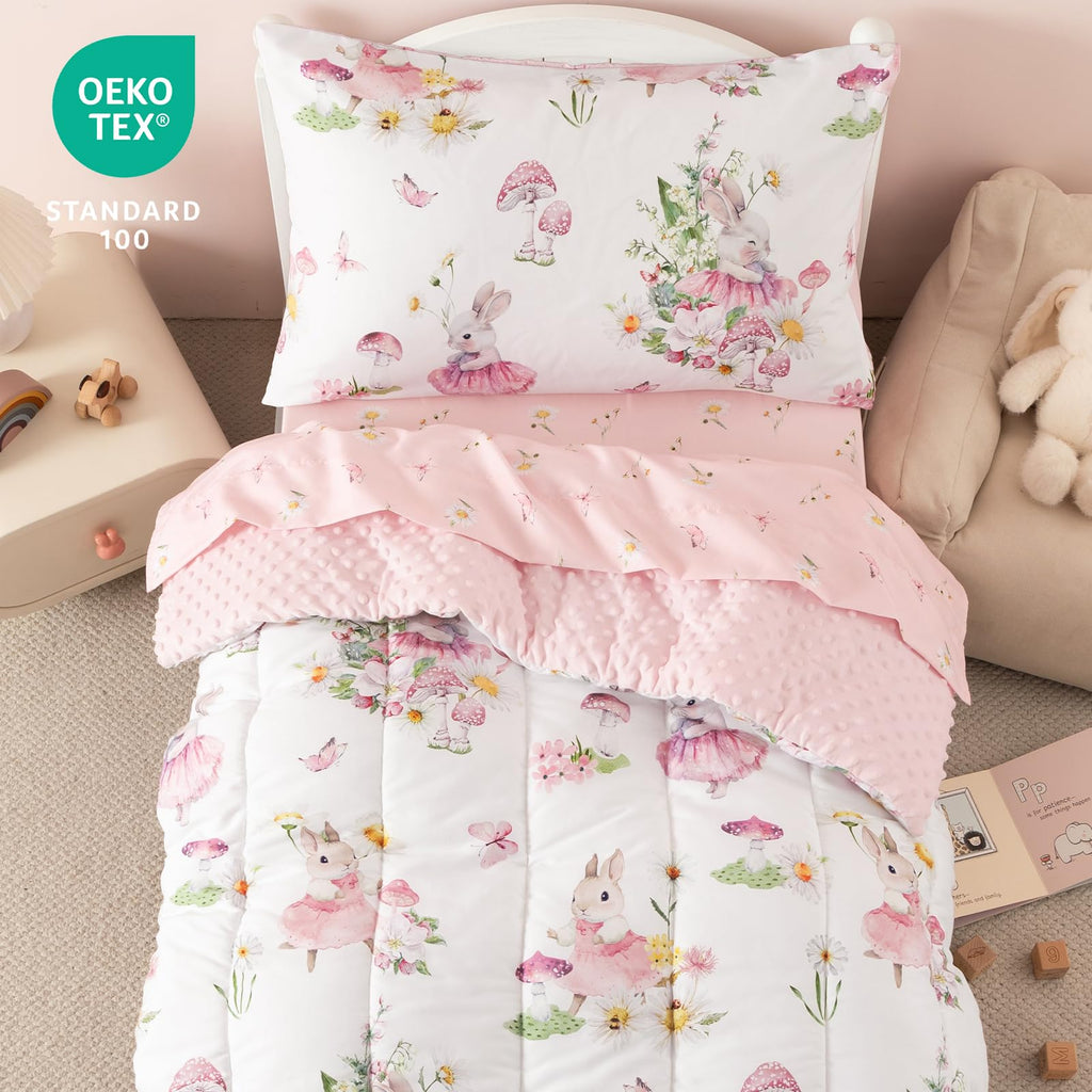4 Piece Minky Toddler Bedding Set, Ultra Soft Skin-Friendly Soothing Minky Dot Toddler Comforter Set, Unique Pattern