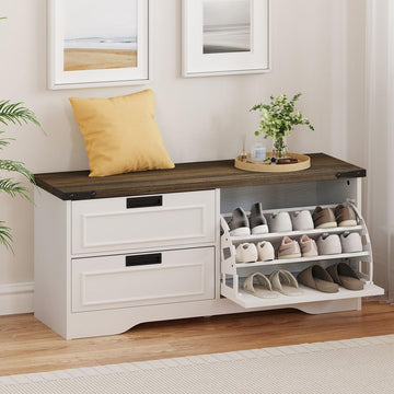 Shoe Storage Bench with Flip Drawer, Wooden Entryway Bench, Modern Shoe Cabinet with Removable Drawers (Walnut Brown