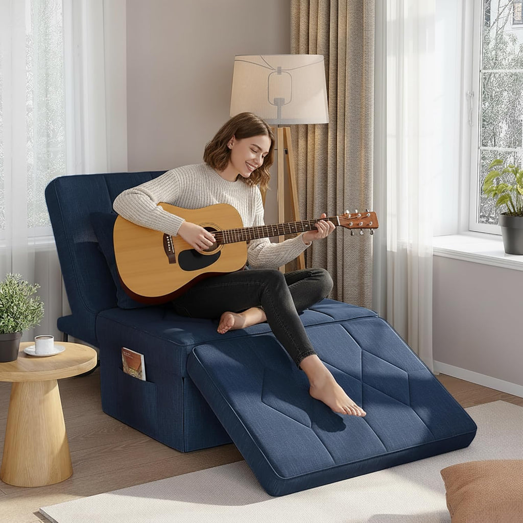 Ottoman Bed Sleeper, 28" Convertible Sleeper Chair Bed, Navy Blue