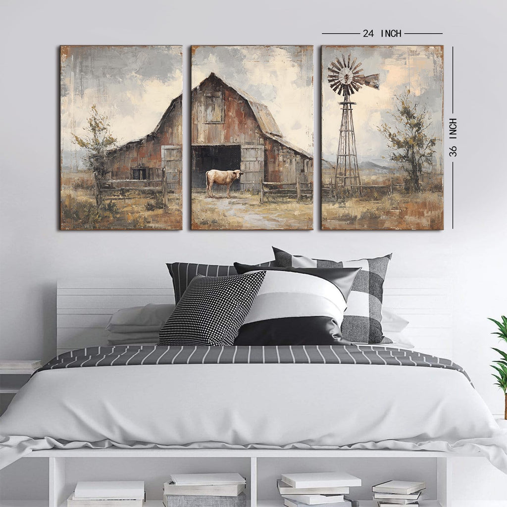 Rustic Farmhouse Wall Art Vintage Windmill Wilderness Canvas Painting Nature Village Scenery Canvas Artwork Farm Cow