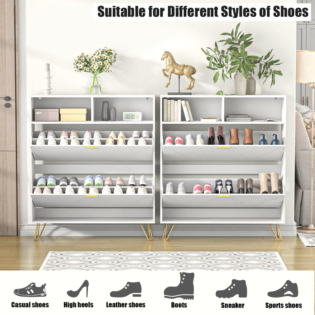 46'' Tall Shoe Cabinet with 2 Flip Drawers and Open Shelves, White丨Freestanding Shoe Organizer, Narrow Shoe Storage