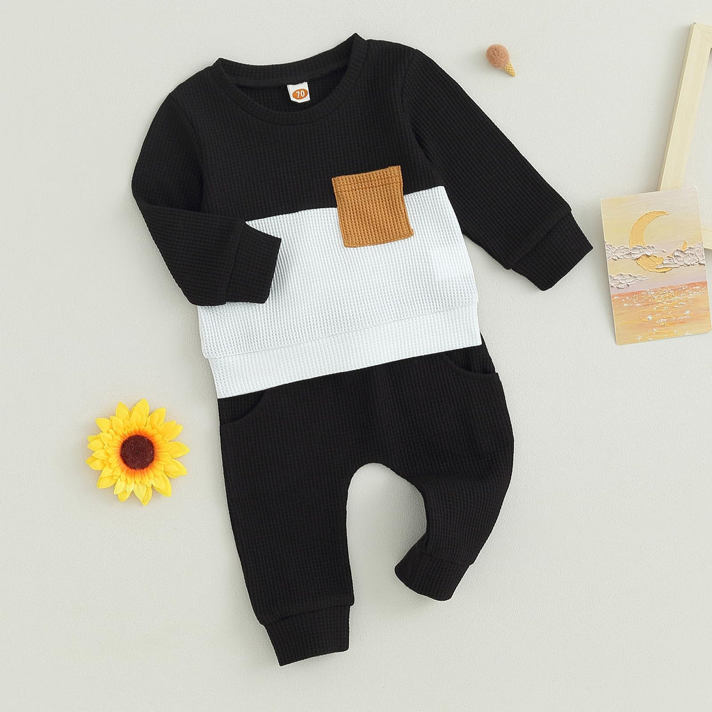 Toddler Baby Boy Fall Clothes Waffle Contrast Color Sweatshirt Pants Sets Infant Winter Outfits 6 12 18