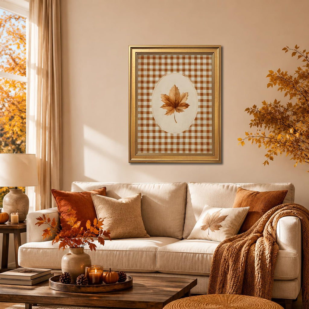 Gold Framed Autumn Leaf Canvas Wall Art Print Gingham Fall Botanical Painting Rustic Cottagecore Farmhouse Picture
