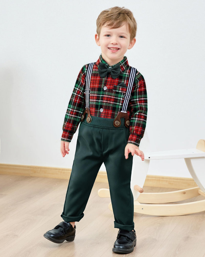 Baby Boy Clothes Set Infant Tuxedo Christmas Long Sleeve Gentleman Suit Outfits + Beret Hat + Suspender Pants +