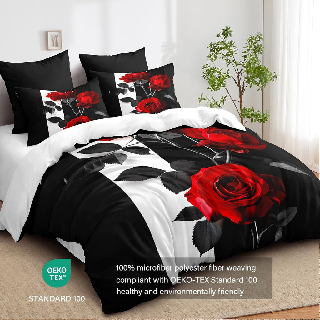 Rose Comforter Set King Black Red Bedding Set Striped Floral Bedding for Women Aesthetic Comforter with 2 Pillowcases