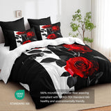 Rose Comforter Set King Black Red Bedding Set Striped Floral Bedding for Women Aesthetic Comforter with 2 Pillowcases