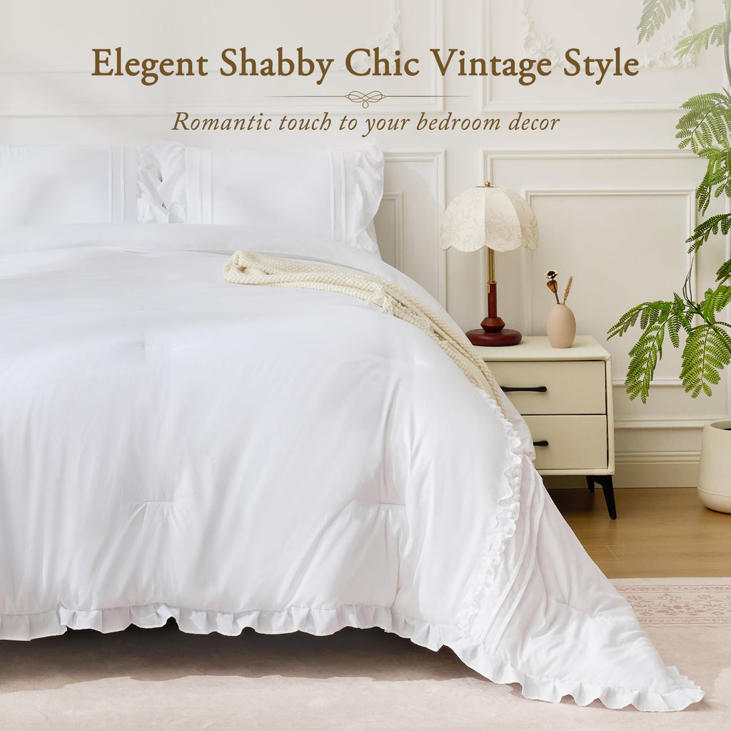 White Ruffle Comforter Set, 3 Pieces Lightweight Fluffy All Season Bedding, Farmhouse Boho Bed Sets with