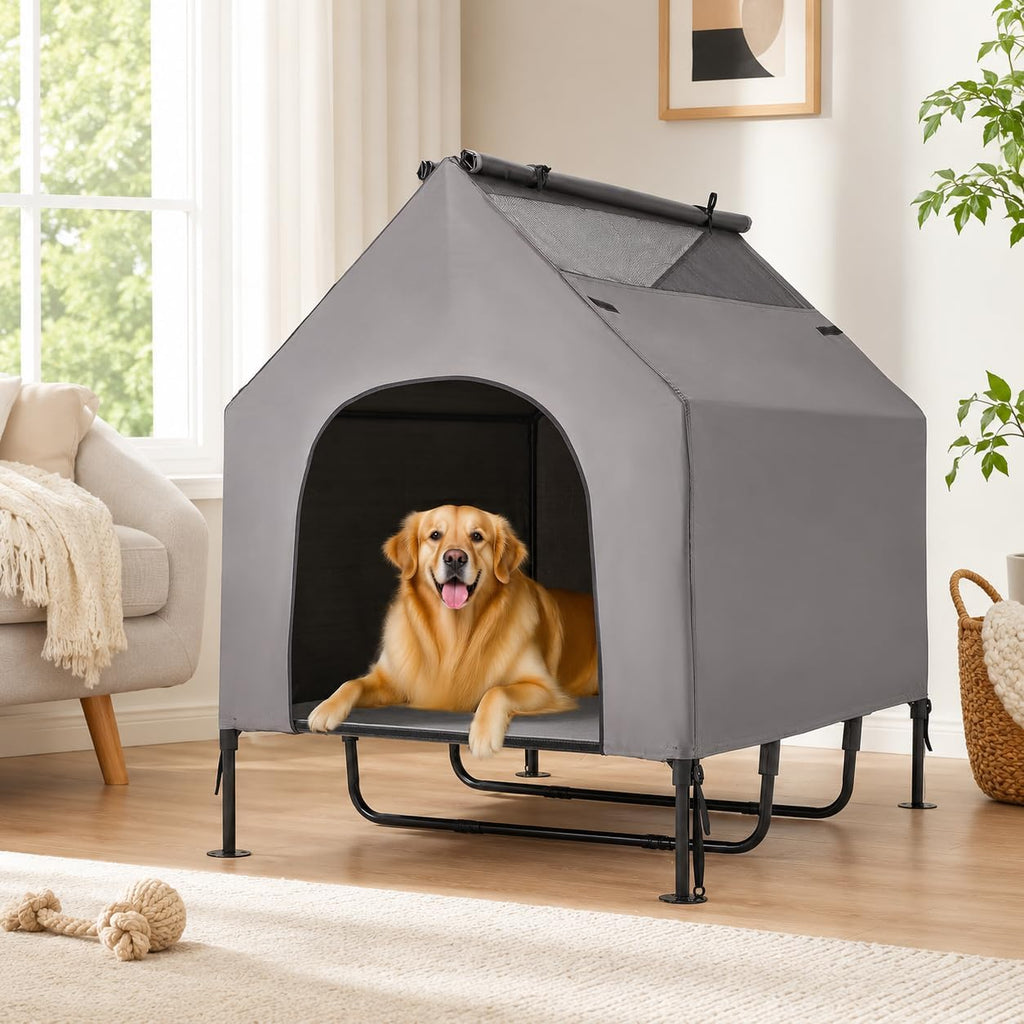 48" Large Dog House Outdoor for Large Dogs, 2-in-1 Waterproof Dog House & Elevated Dog Bed with Removable Canopy