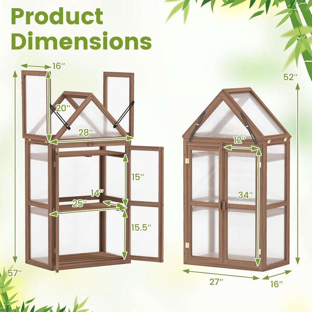 Garden Cold Frame, Mini Greenhouse Storage Shelves w/ Transparent Flip-Top Roof & 3 Adjustable Shelves, Indoor &