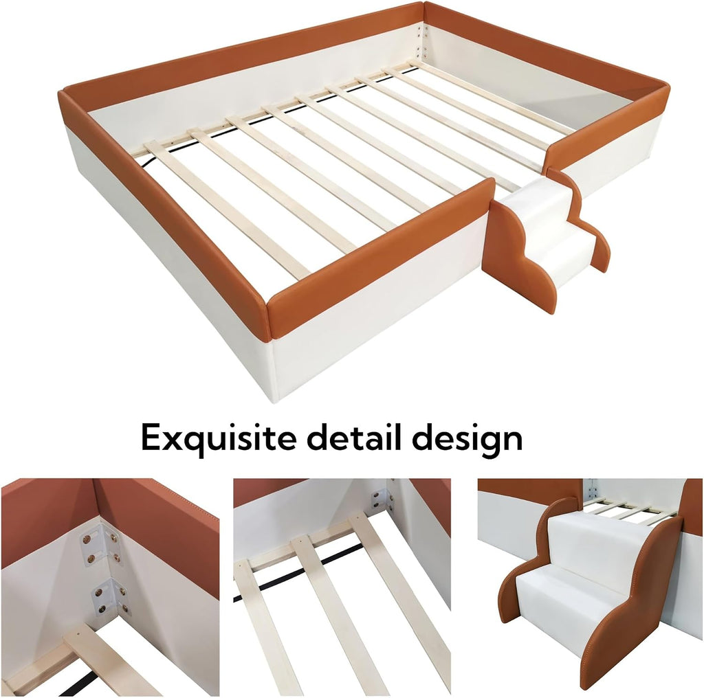 Queen Size Kids Floor Bed, Daybed Frame with Fence & Stairs, Upholstered Wood Bed , Brown+White