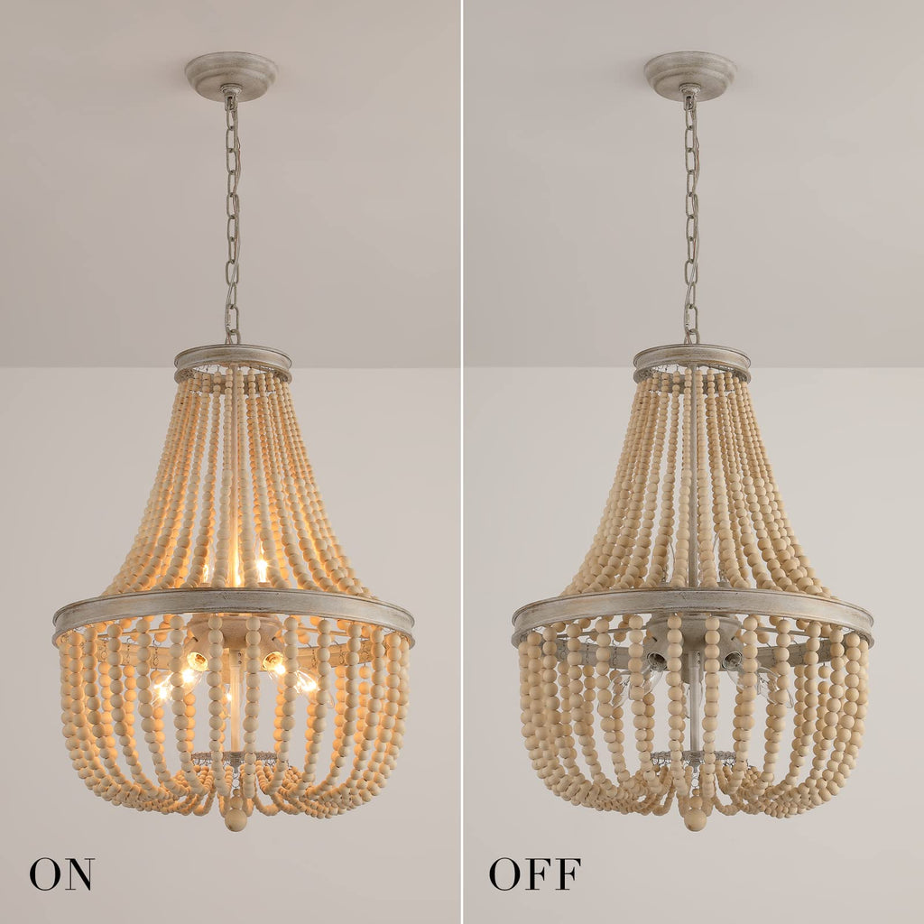 Farmhouse Wood Beaded Chandelier, Oak White 8-Lights Retro Vintage Antique Rustic Boho Pendant Light Fixture for Foyer