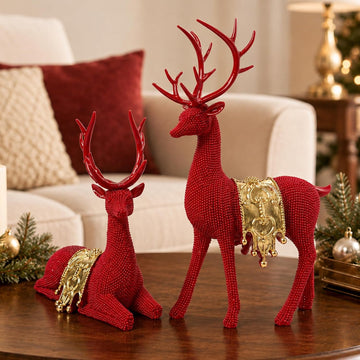 Red Gold Reindeer Figurines Set of 2 for Christmas Tabletop Decor