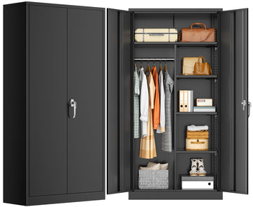 Metal Wardrobe Cabinets with Lock, 72" Clothing Storage Cabinets with Hanging Rod and 4 Adjustable Shelves, Armoire