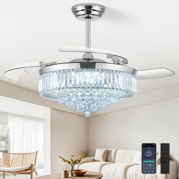 52 Inch Fandelier Ceiling Fan with Light, Retractable Chandelier Fan LED Dimmable Crystal Ceiling Fan Living Room