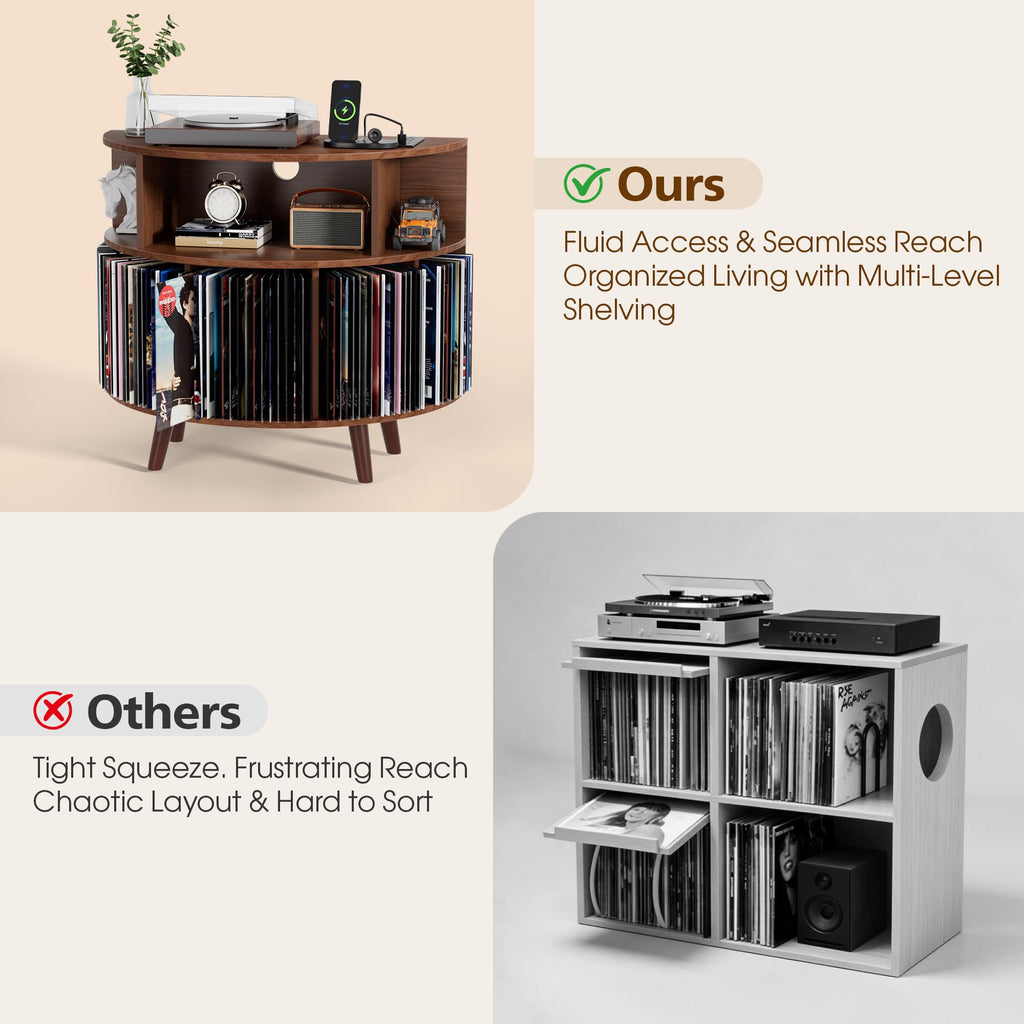 31.5" Record Player Stand with Power Outlet, Curved Vinyl Storage Cabinet