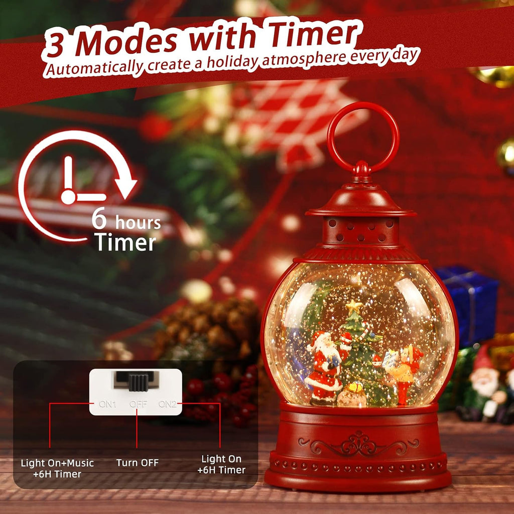 Christmas Snow Globe, Santa Lighted Snow Globes Lantern, 6H Timer, Battery & USB Operated Christmas Tree Snow Globe