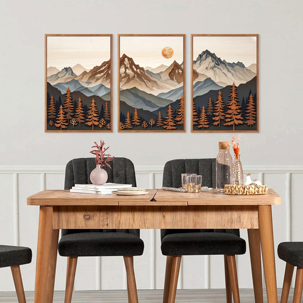 Boho Woodcut Mountain Framed Canvas Wall Art, Large Sun Forest Wall Decor, Orange Mid Century Sunrise Scene Artwork Set