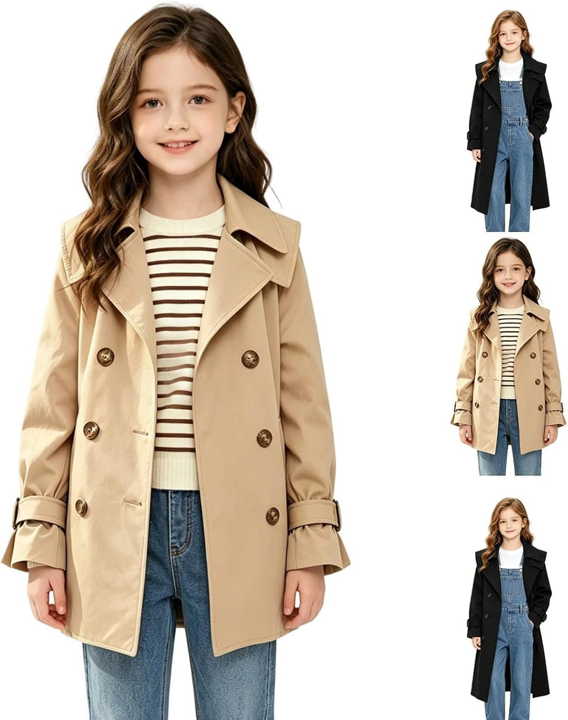 Girls Long Trench Coat Double Breasted Lapel Windproof Overcoat Lightweight Jacket Casual Outerwear Teen Cute Trendy
