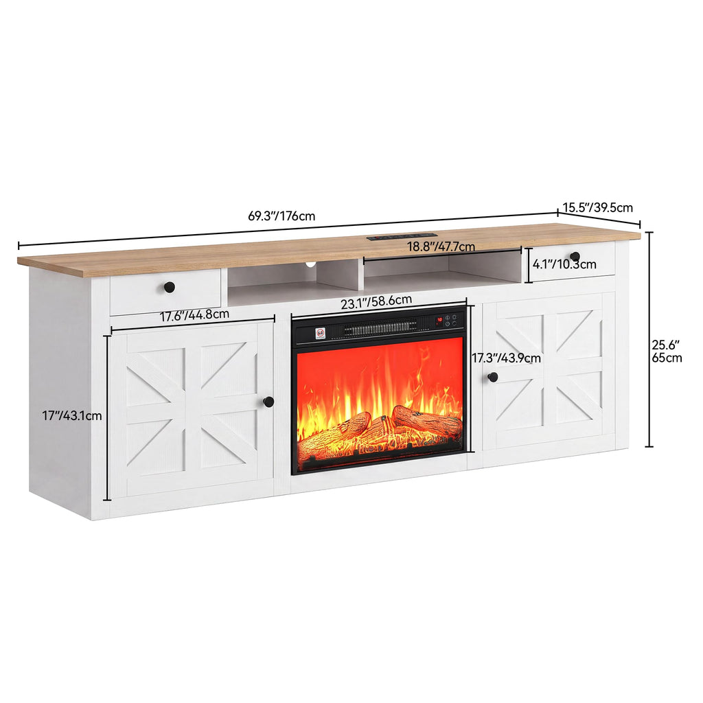 Farmhouse TV Stand with Fireplace for 75" TVs, White