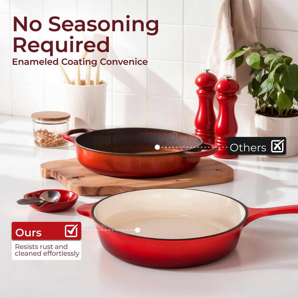 7Pcs Red Enameled Cast Iron Cookware Sets, Heavy Duty