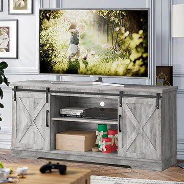 Farmhouse TV Stand - 65 Inch Entertainment Center, Grey TV Media Console with Storage, Barn Doors, Shelves - Modern