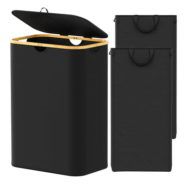 Double Laundry Hamper 2 Section with Lid and Removable Laundry Bags, 160L Clothes Basket with Bamboo Handles, Large